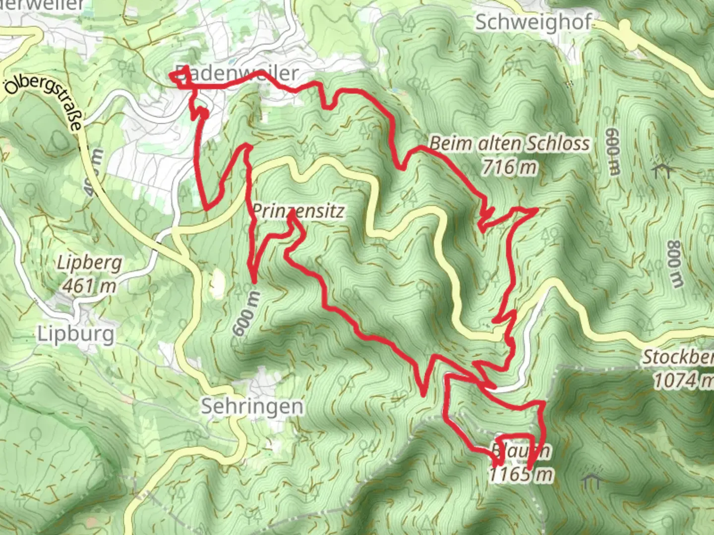 An image depicting the trail Badenweiler and Blauen Loop via Burg Baden and its surrounding area.
