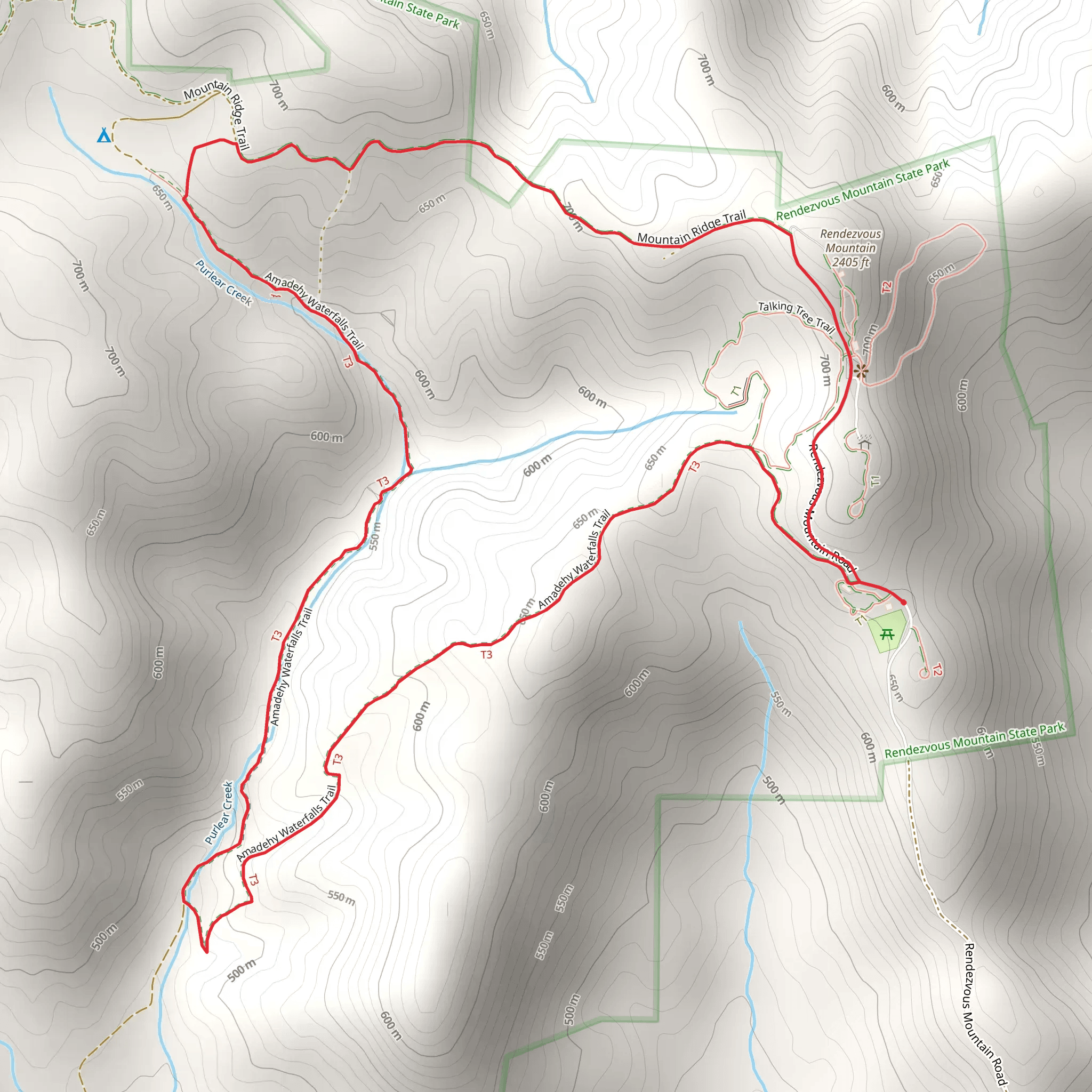 Amadehy Waterfalls and Rendezvous Mountain Ridge Loop Trail mobile static map