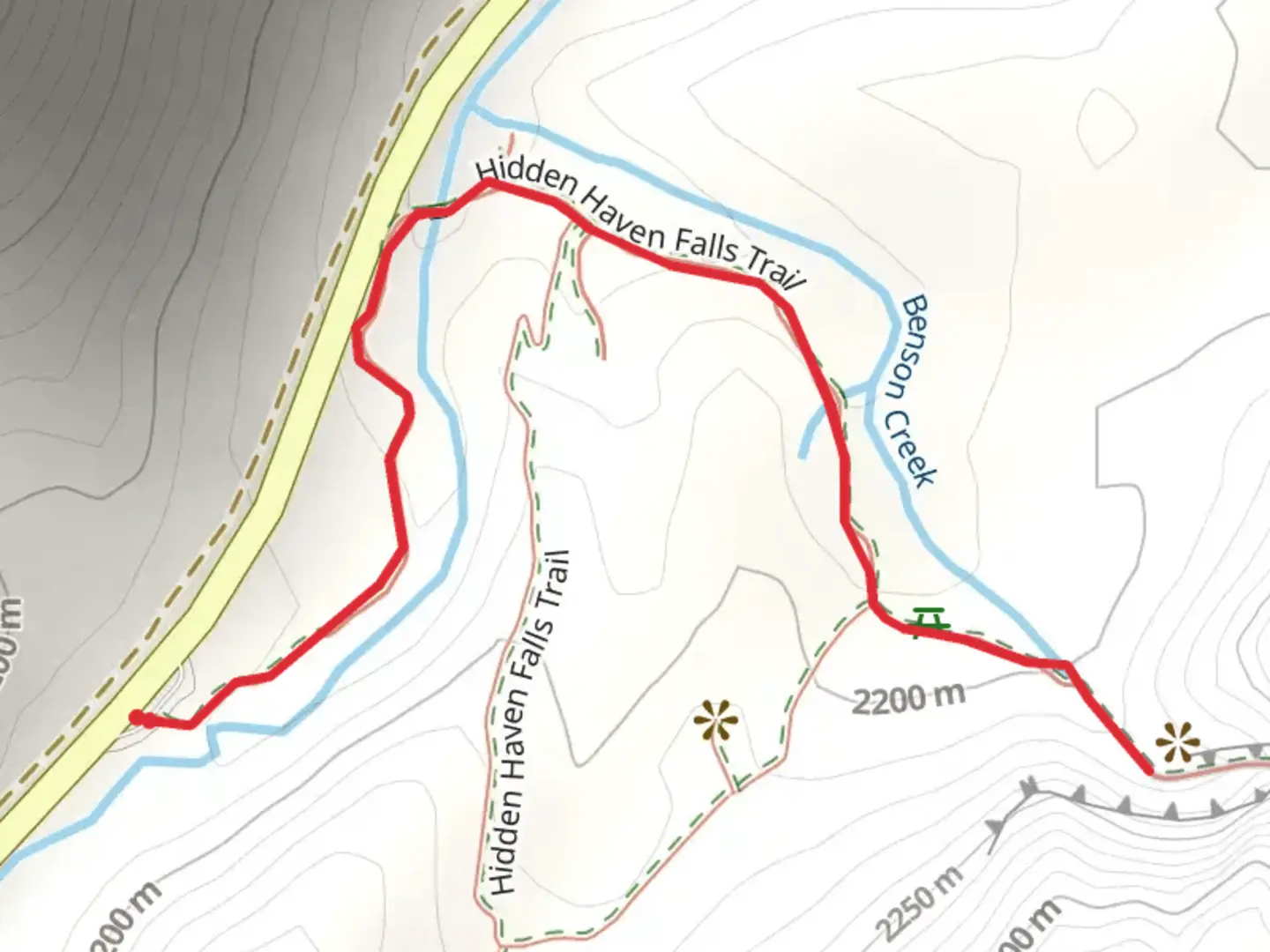 An image depicting the trail Hidden Haven Falls Trail and its surrounding area.