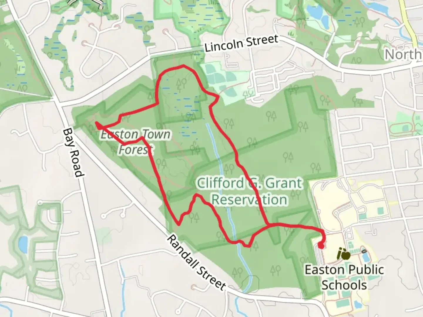 An image depicting the trail Easton Town Forest Loop Trail and its surrounding area.