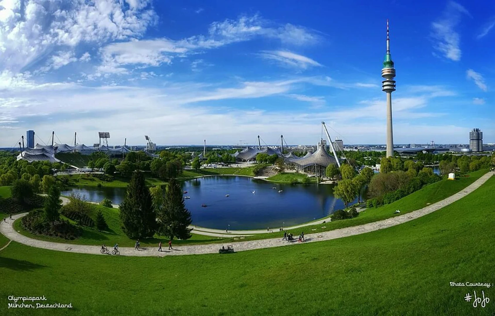 An image depicting the trail Olympiapark Loop via Kleiner Olympiasee and Großer Olympiasee and its surrounding area.