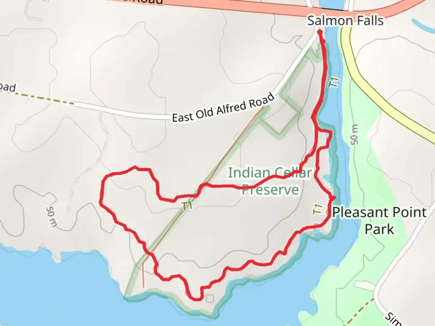 An image depicting the trail Saco River Loop from East Old Alfred Road and its surrounding area.