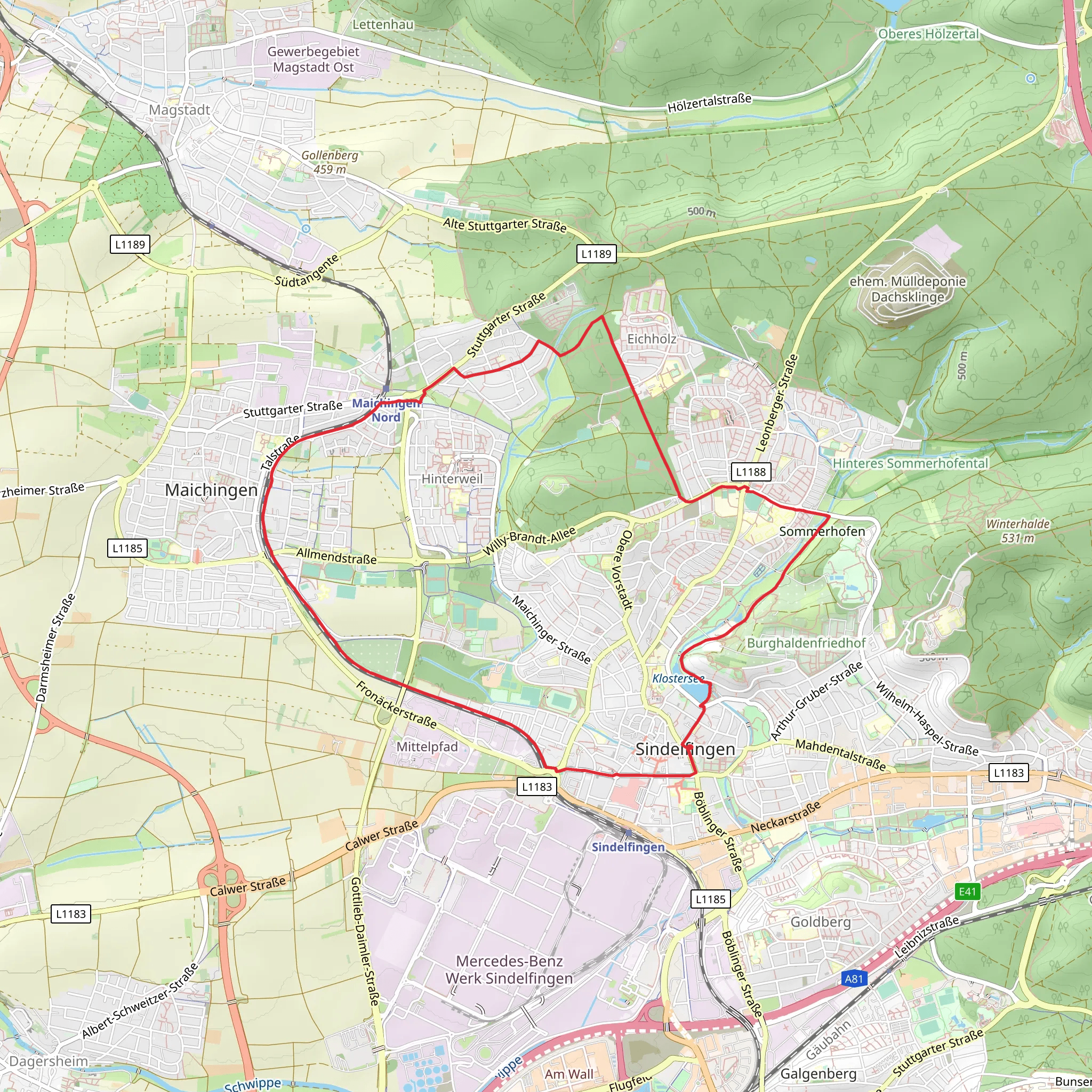 Klostersee via Blaue Raute Sindelfingen and Eichholzallee mobile static map