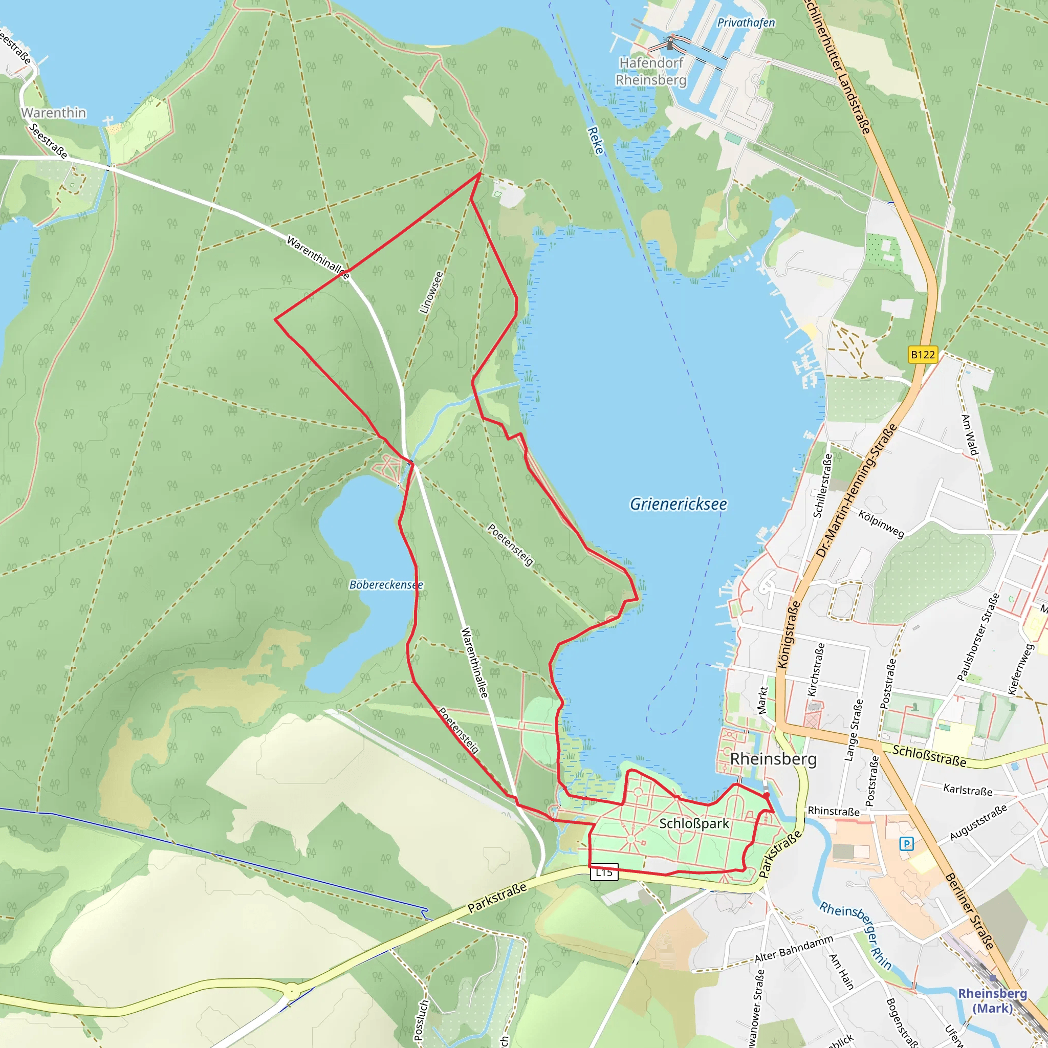 Grienericksee and Boebereckensee via Poetensteig from Rheinsberg mobile static map