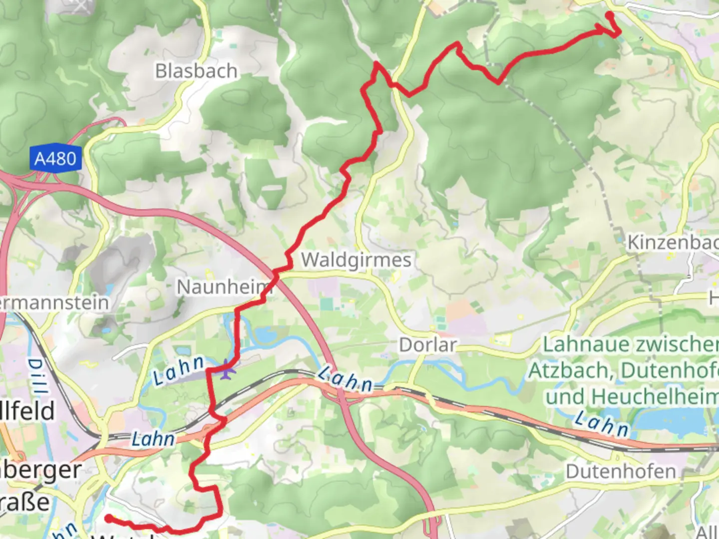 An image depicting the trail Rodheimbieber to Wetzlar Walk and its surrounding area.