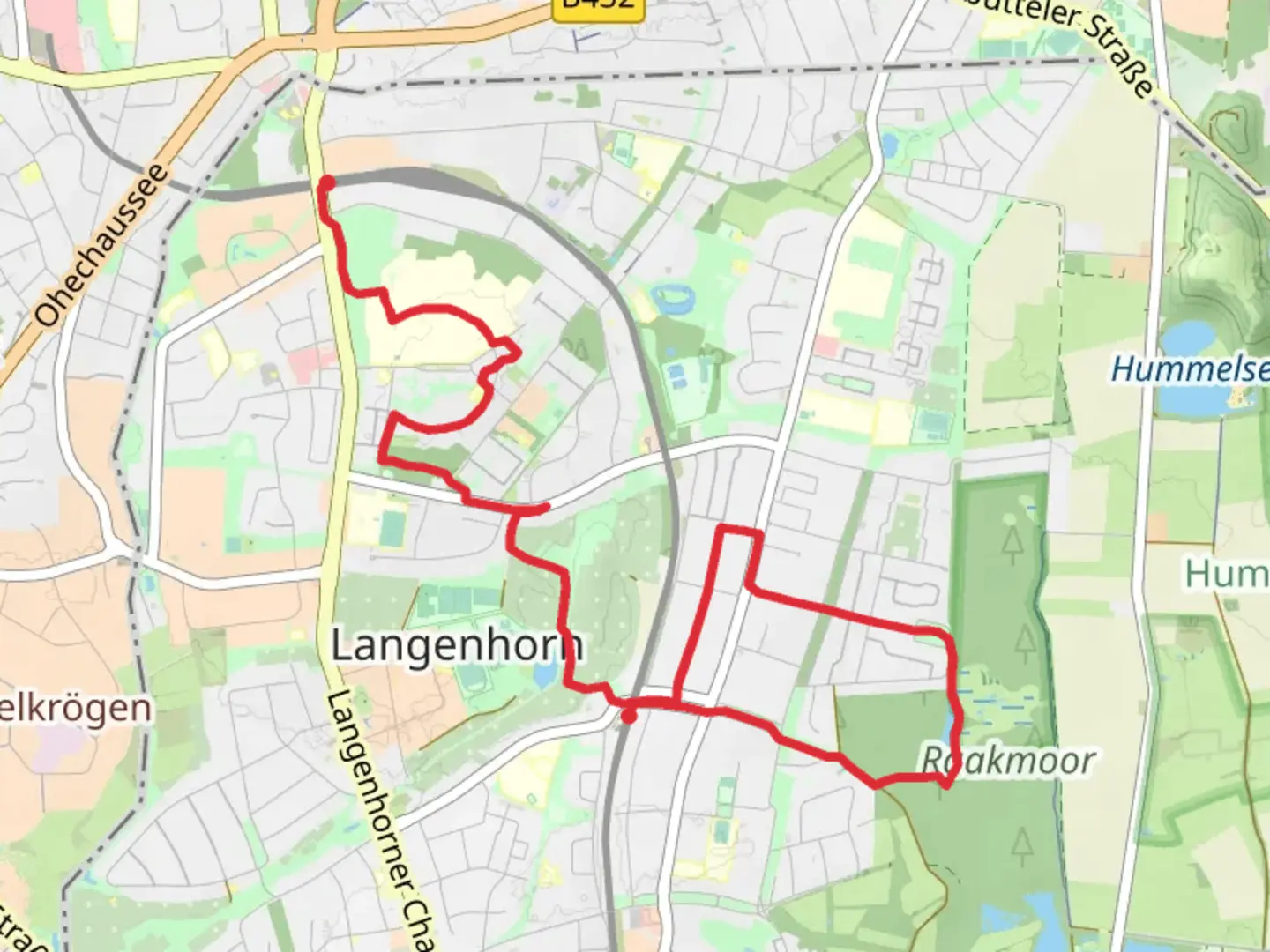 An image depicting the trail Langenhorn and Horriateich Walk and its surrounding area.