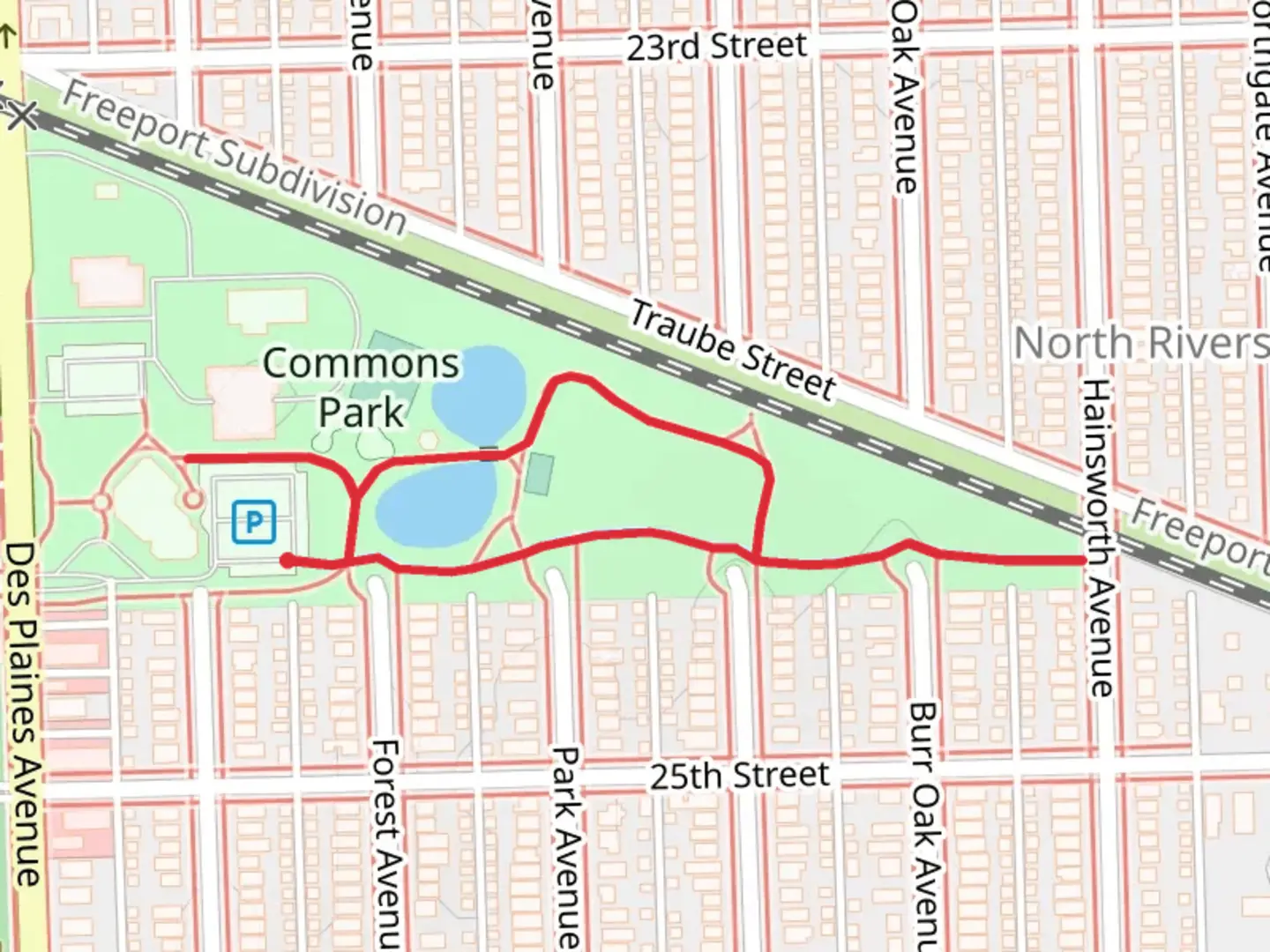 An image depicting the trail Commons Park Loop and its surrounding area.