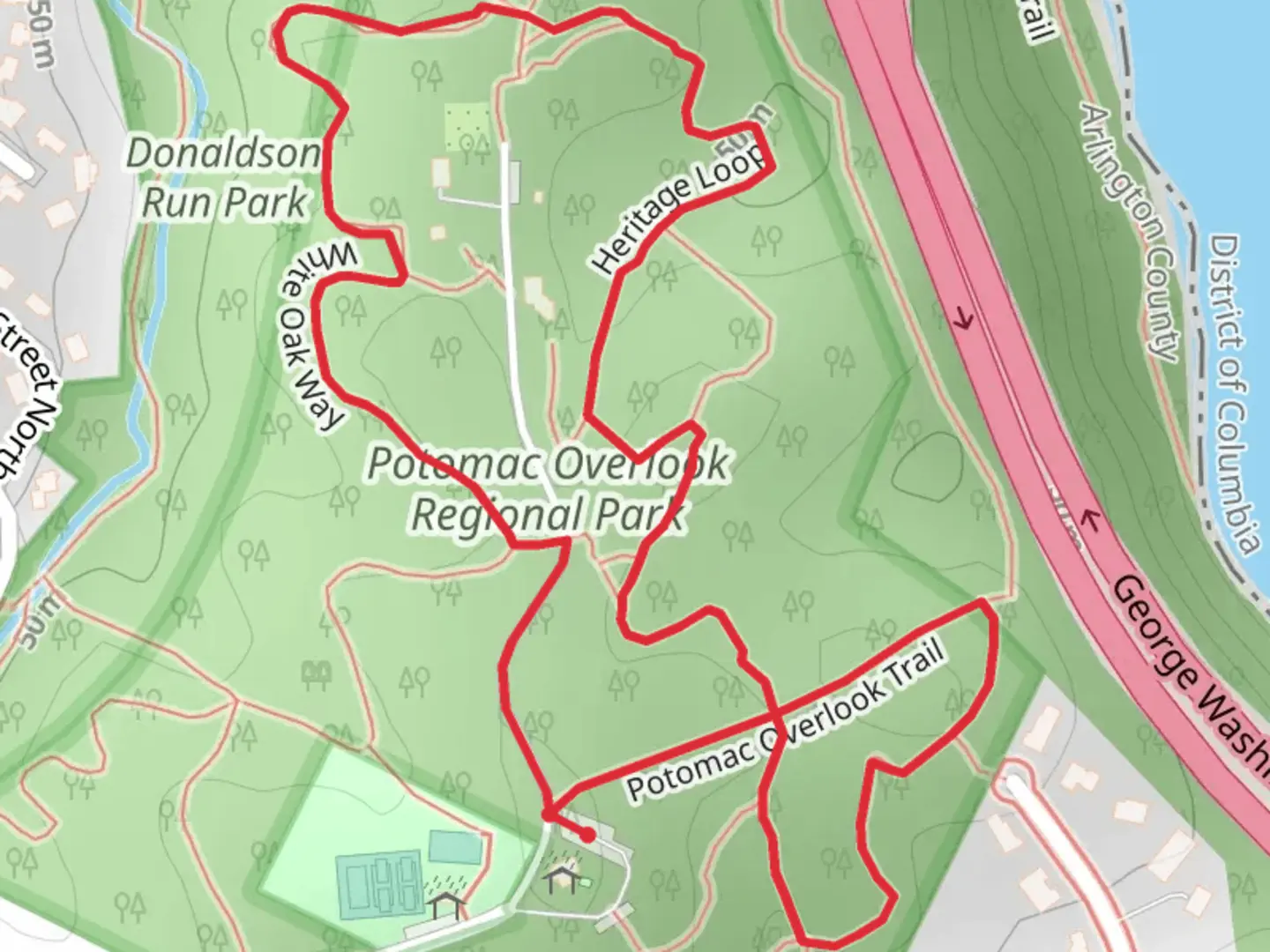 An image depicting the trail Potomac Overlook Trail, White Oak Way and Heritage Loop and its surrounding area.