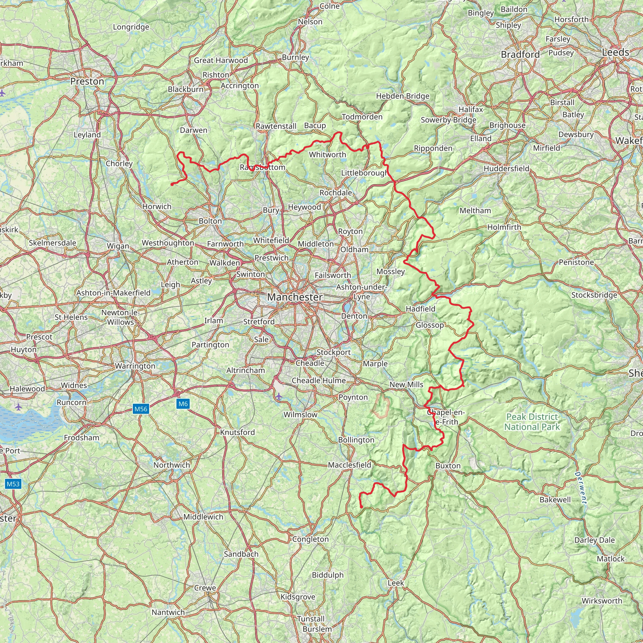 Manchester Walk from south of Macclesfield to Horwich mobile static map
