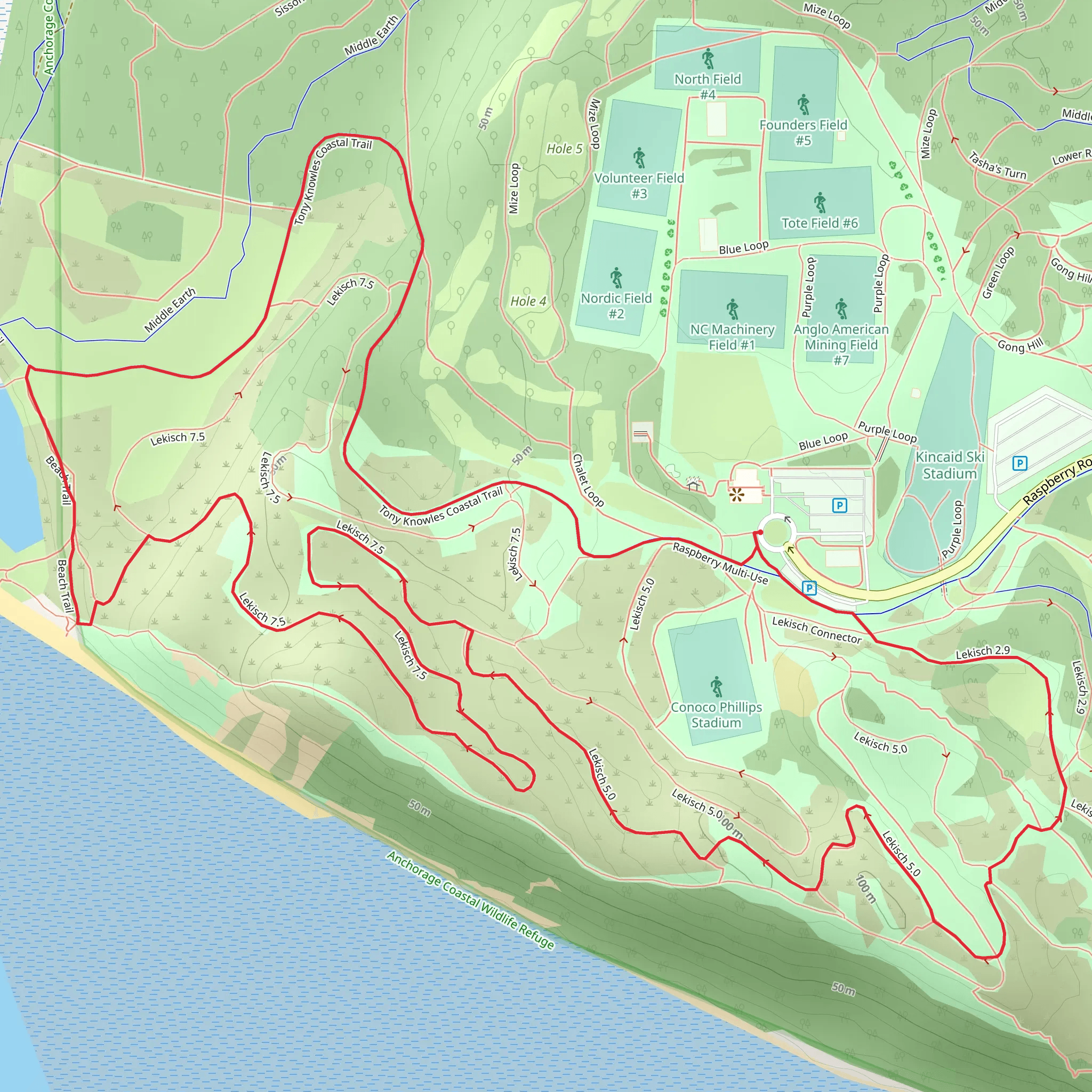 Tony Knowles Coastal, Beach and Lekisch Loop Trail mobile static map