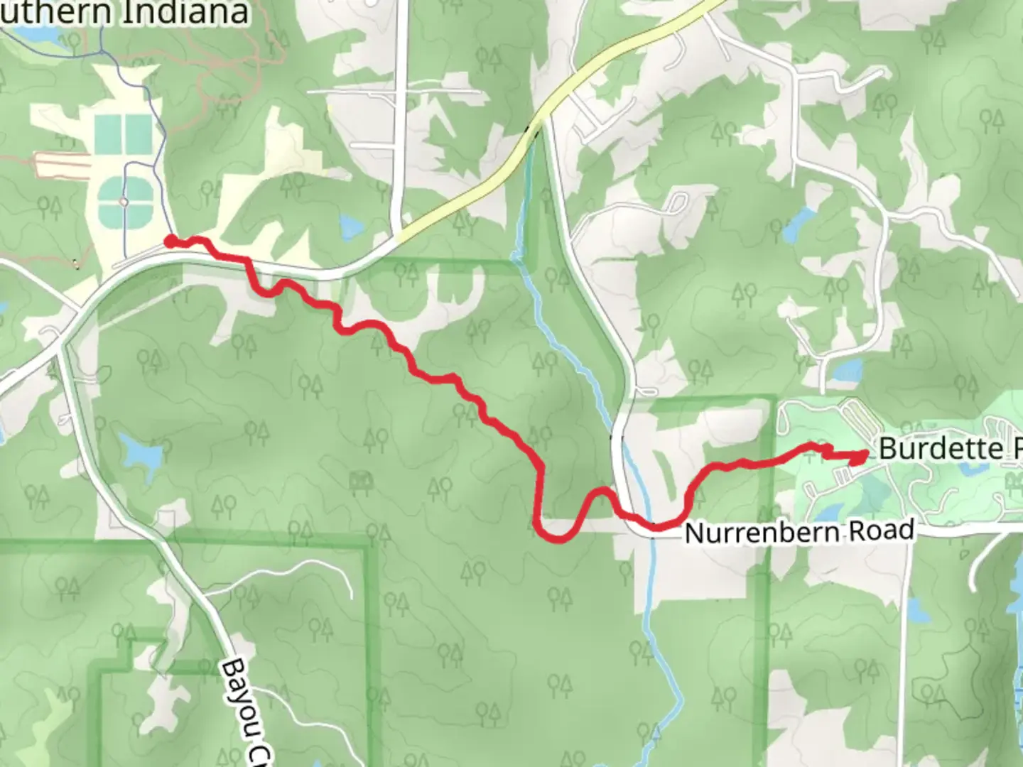 An image depicting the trail USI-Burdette Trail and its surrounding area.