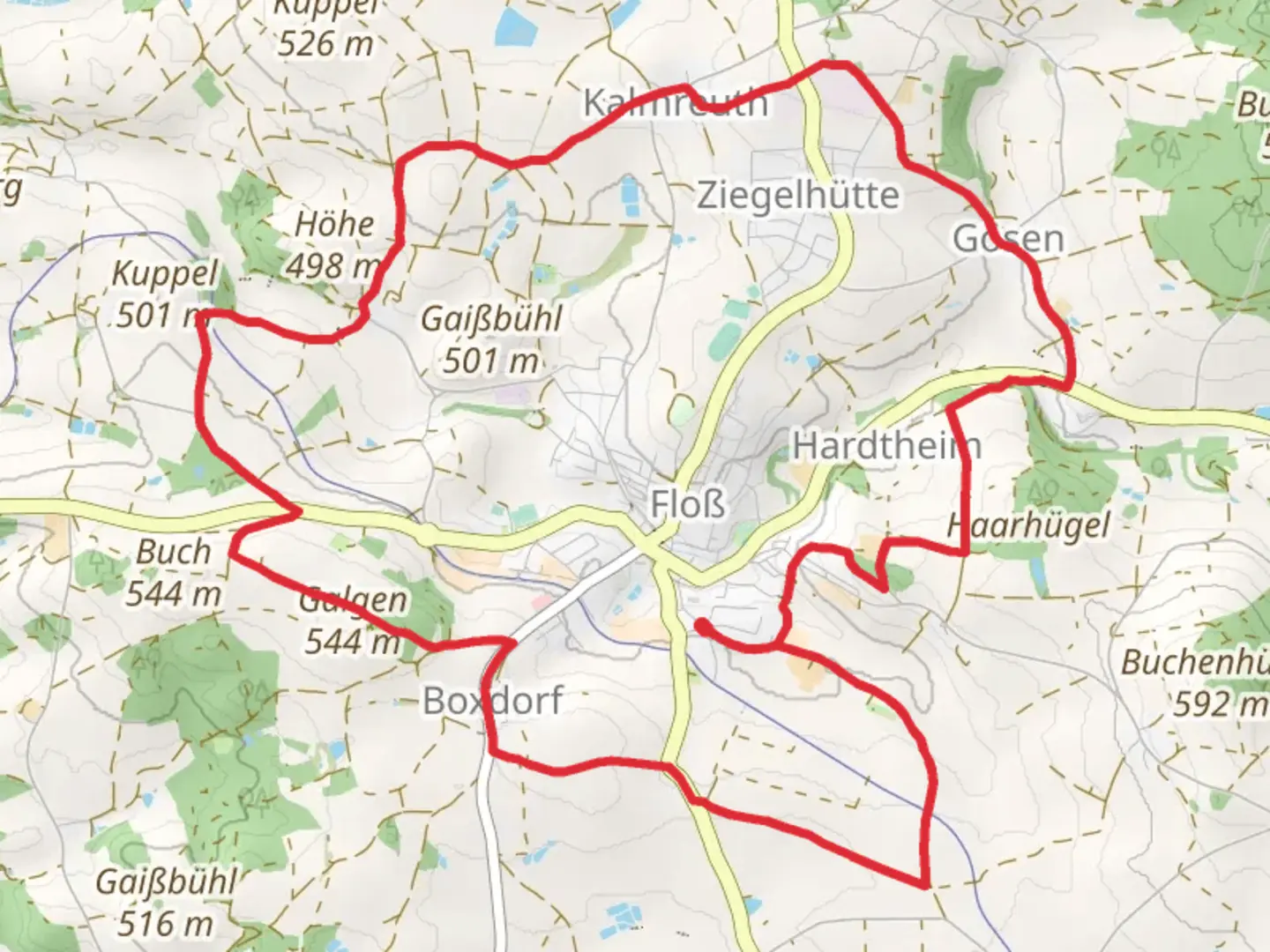 An image depicting the trail Rundwanderweg Floss and its surrounding area.