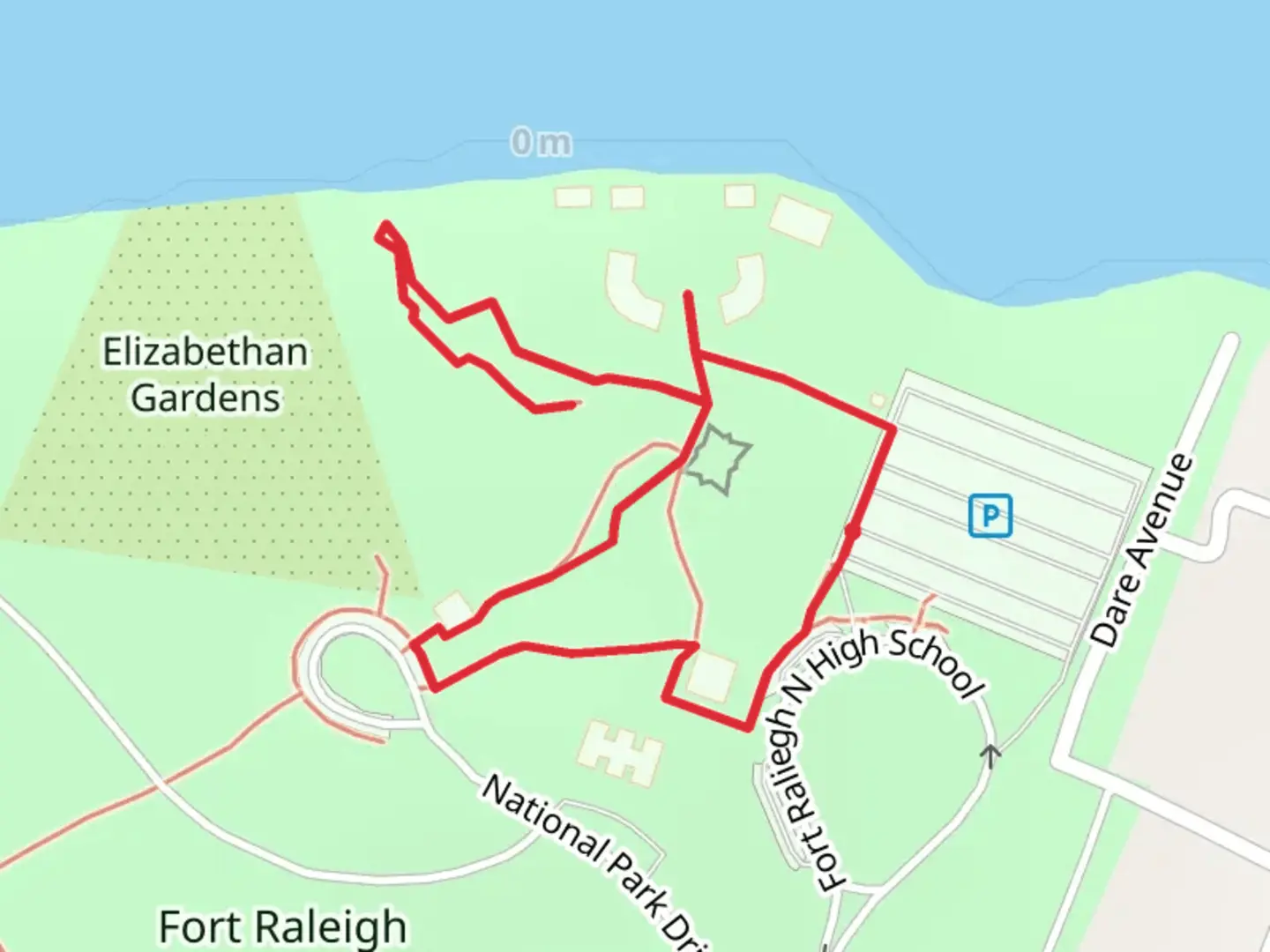 An image depicting the trail Elizabethan Gardens Loop and its surrounding area.