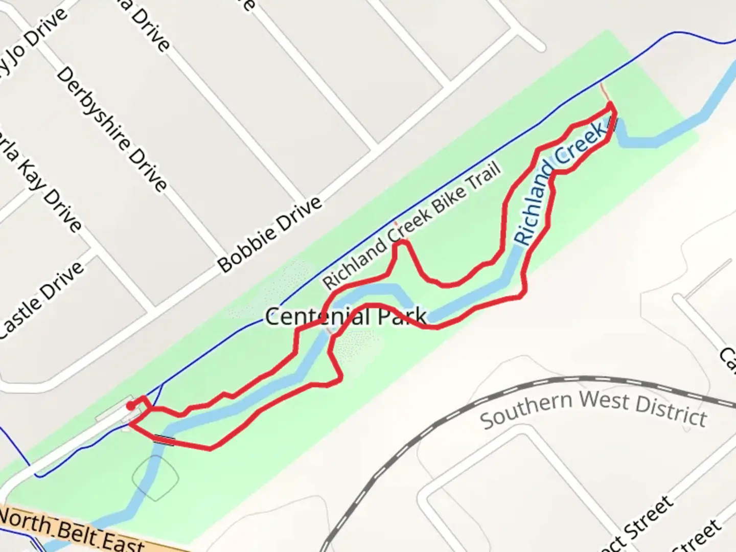 An image depicting the trail Centenial Park Loop and its surrounding area.