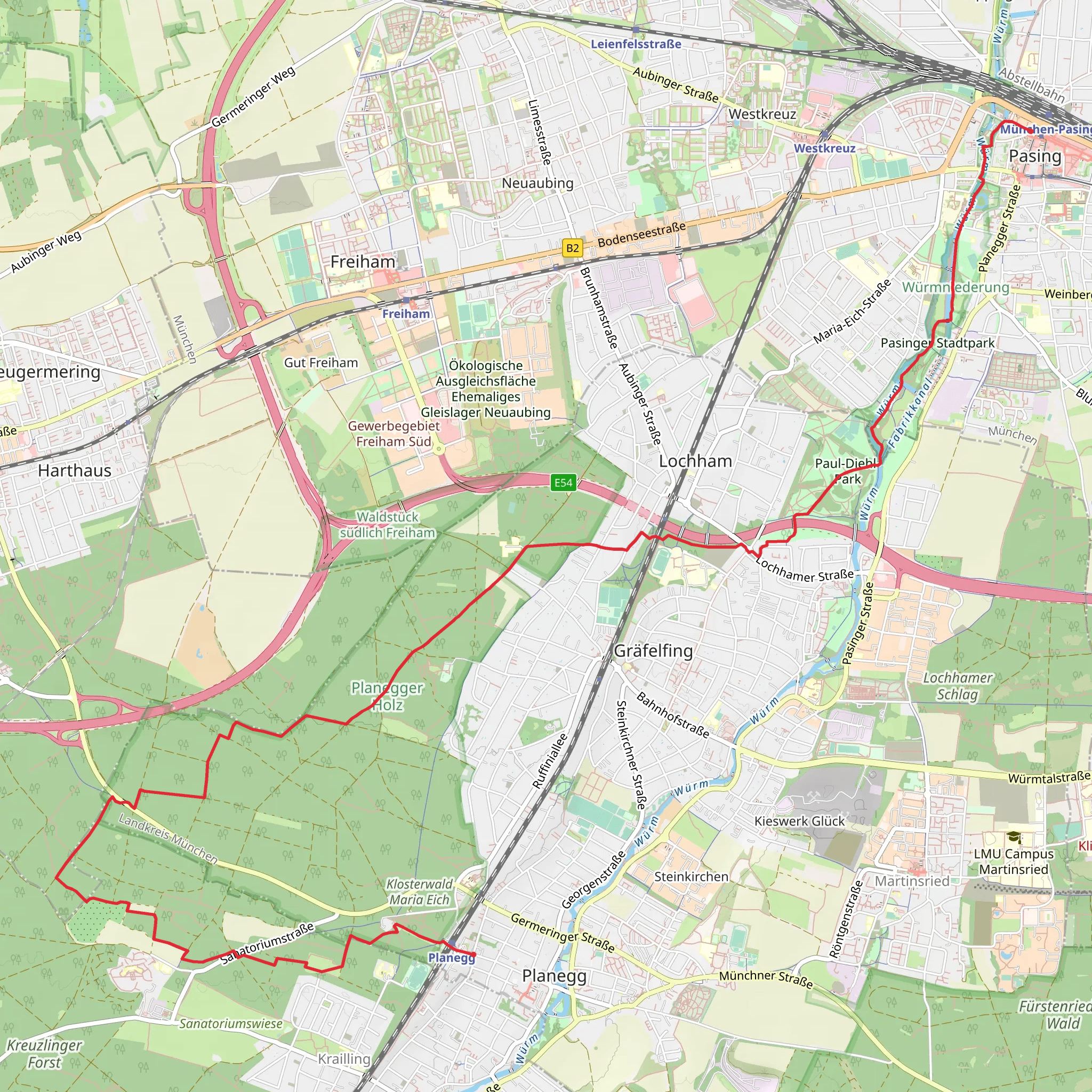 Pasing to Planegg Walk via River Wurm mobile static map