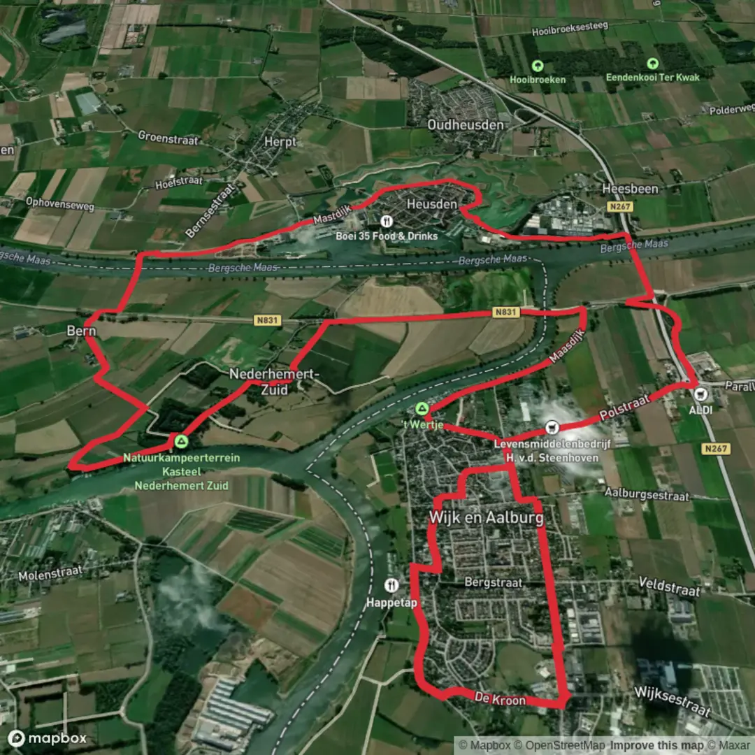 An image depicting the trail Buitengracht and Kasteel Nederhemert Loop and its surrounding area.