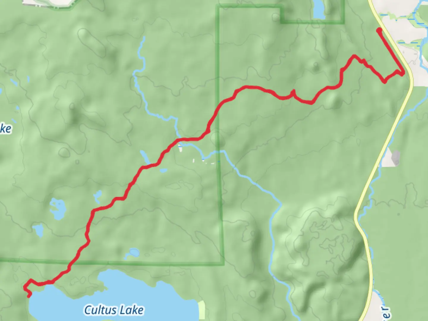 An image depicting the trail Cultus Lake from Forest Road 4628-162 and its surrounding area.