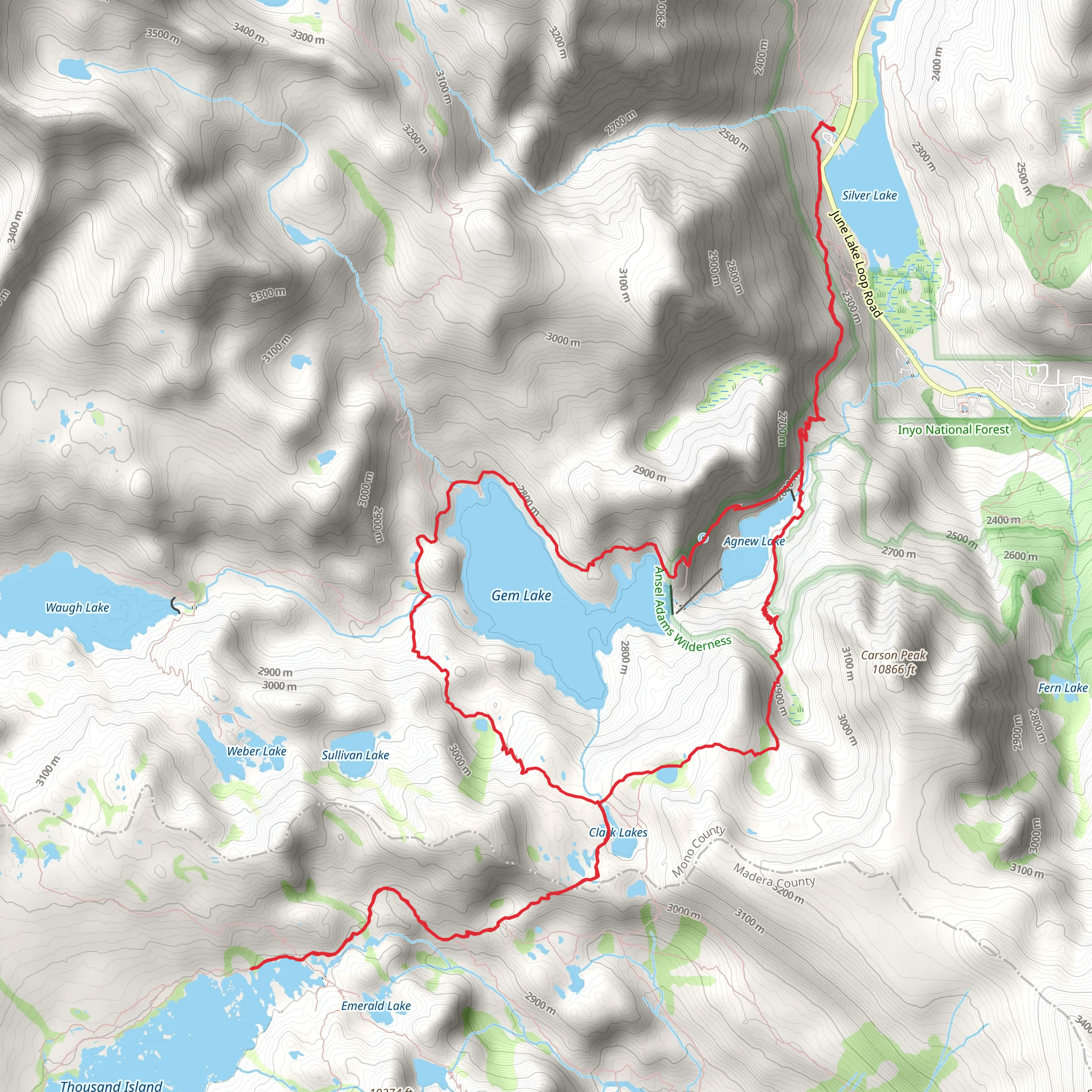 Rush Creek, Clark Lakes and Thousand Island Lake Loop Trail mobile static map