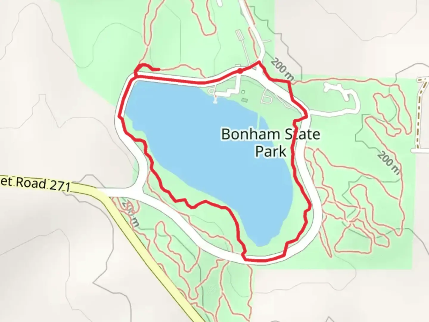 An image depicting the trail Bonham State Park Loop and its surrounding area.