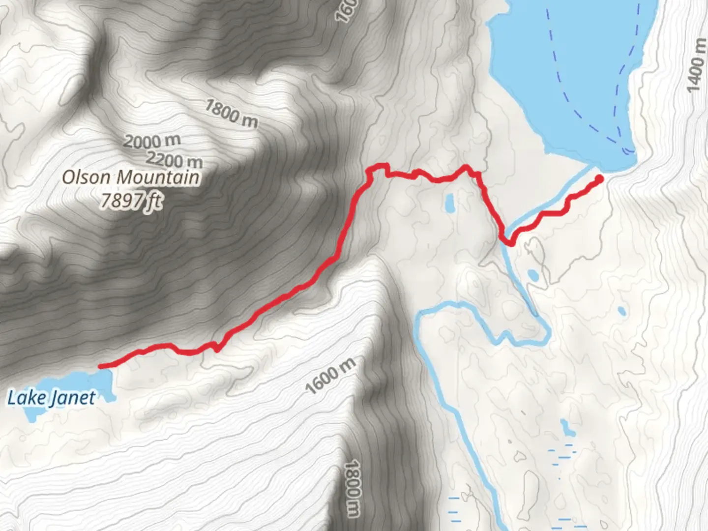 An image depicting the trail Lake Janet via Boulder Pass and its surrounding area.