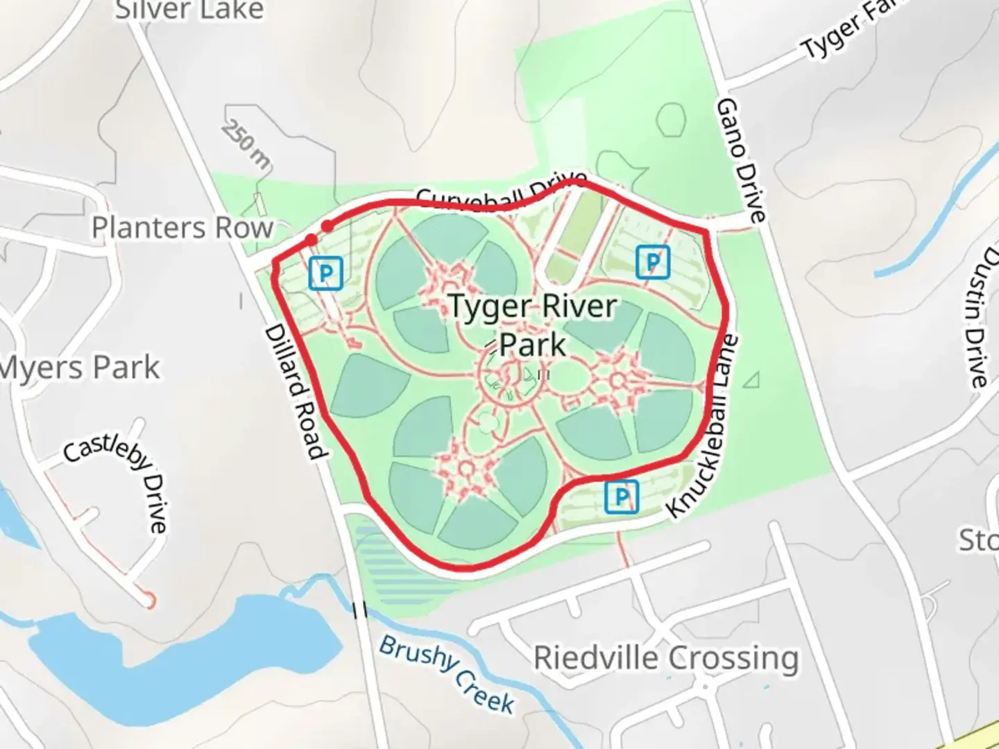 An image depicting the trail Batting Cages Loop and its surrounding area.