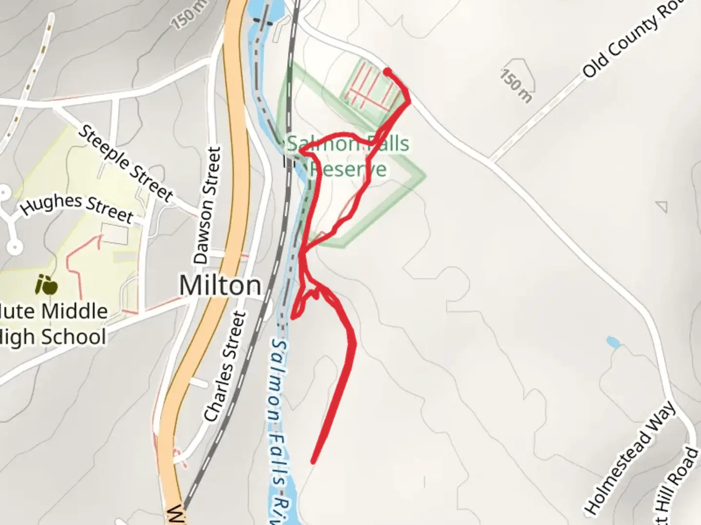 An image depicting the trail Salmon Falls River from Prospect Hill Roadk and its surrounding area.