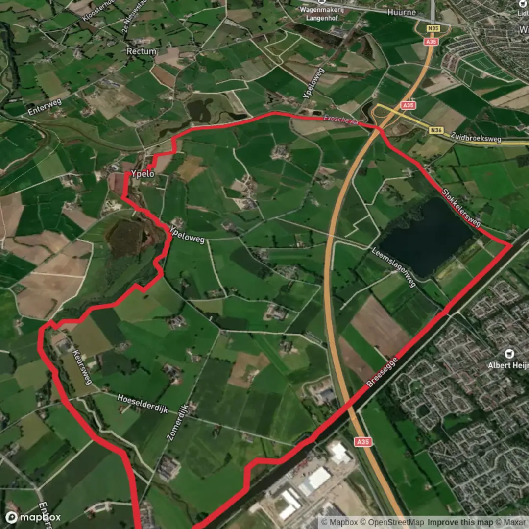 An image depicting the trail Twente Kanaal and Leemslagenplas via Keurs Weg and Ypelo Rode Route and its surrounding area.