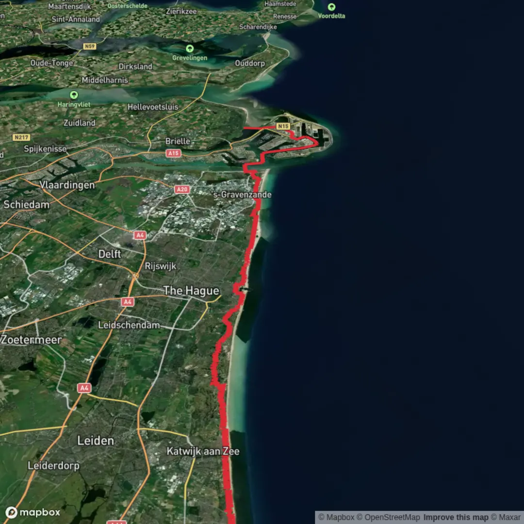An image depicting the trail Noordwijk to Oostvoorne via Ganzenhoekweg, Prinsenweg and Cort van der Lindenpad and its surrounding area.