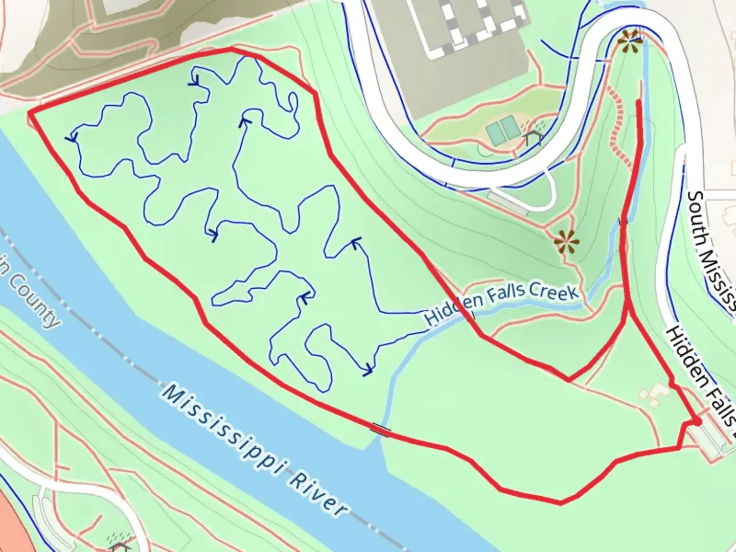 An image depicting the trail Hidden Falls Creek Loop - South Mississippi River Boulevard and its surrounding area.