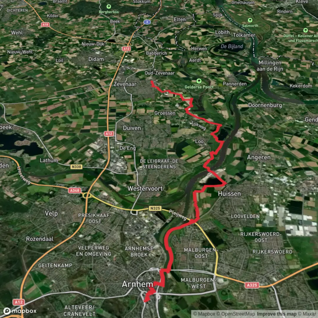 An image depicting the trail Arnhem Centraal to Zevenaar via Zwanewater and John Frostbrug and its surrounding area.