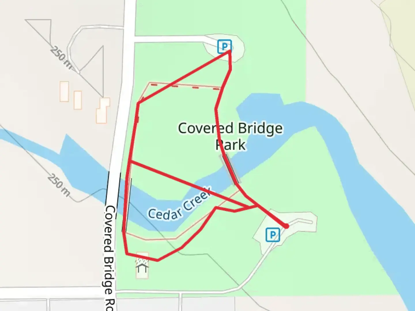 An image depicting the trail Covered Bridge Road Loop and its surrounding area.