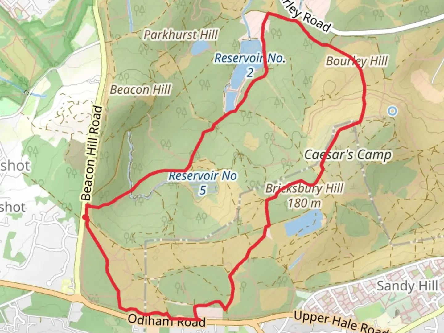 An image depicting the trail Reservoir Number 5, Reservoir 2 and Bourley Hill Loop and its surrounding area.