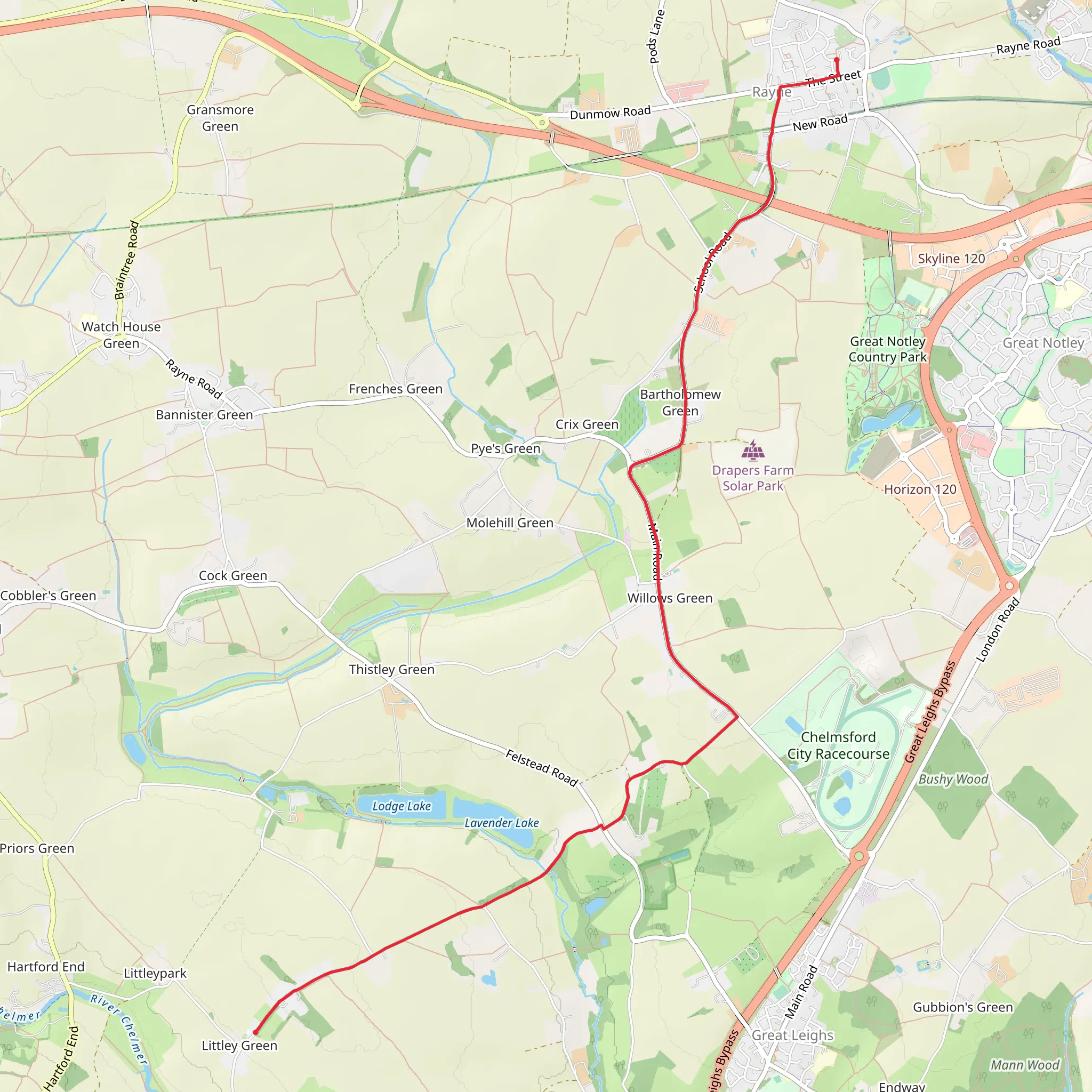 Rayne to Littley Green Walk mobile static map