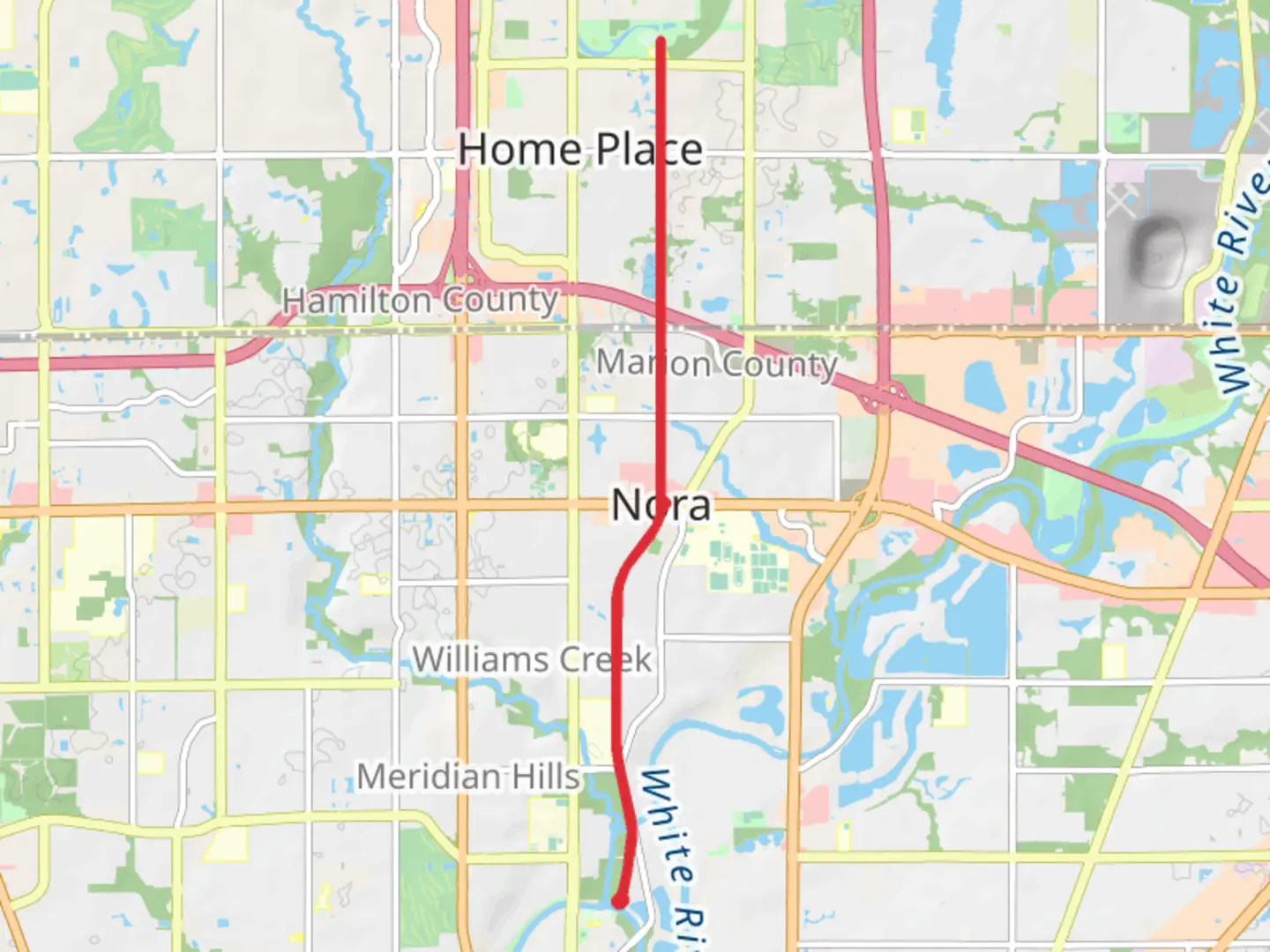 An image depicting the trail Monon Trail to Central Park and its surrounding area.