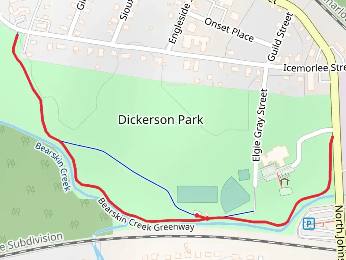 An image depicting the trail Bearskin Creek Greenway and its surrounding area.