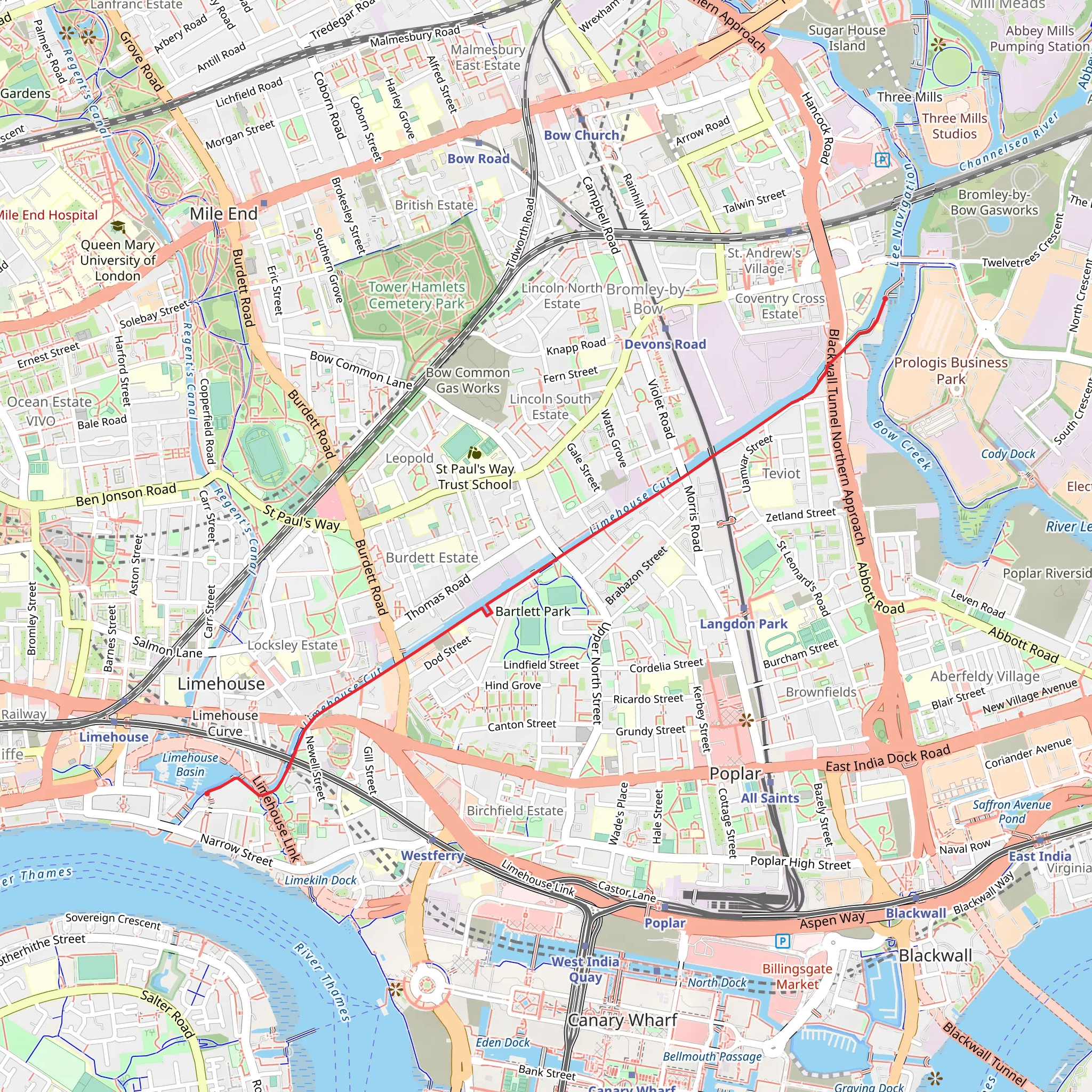 The Limehouse Cut from Bow Locks mobile static map