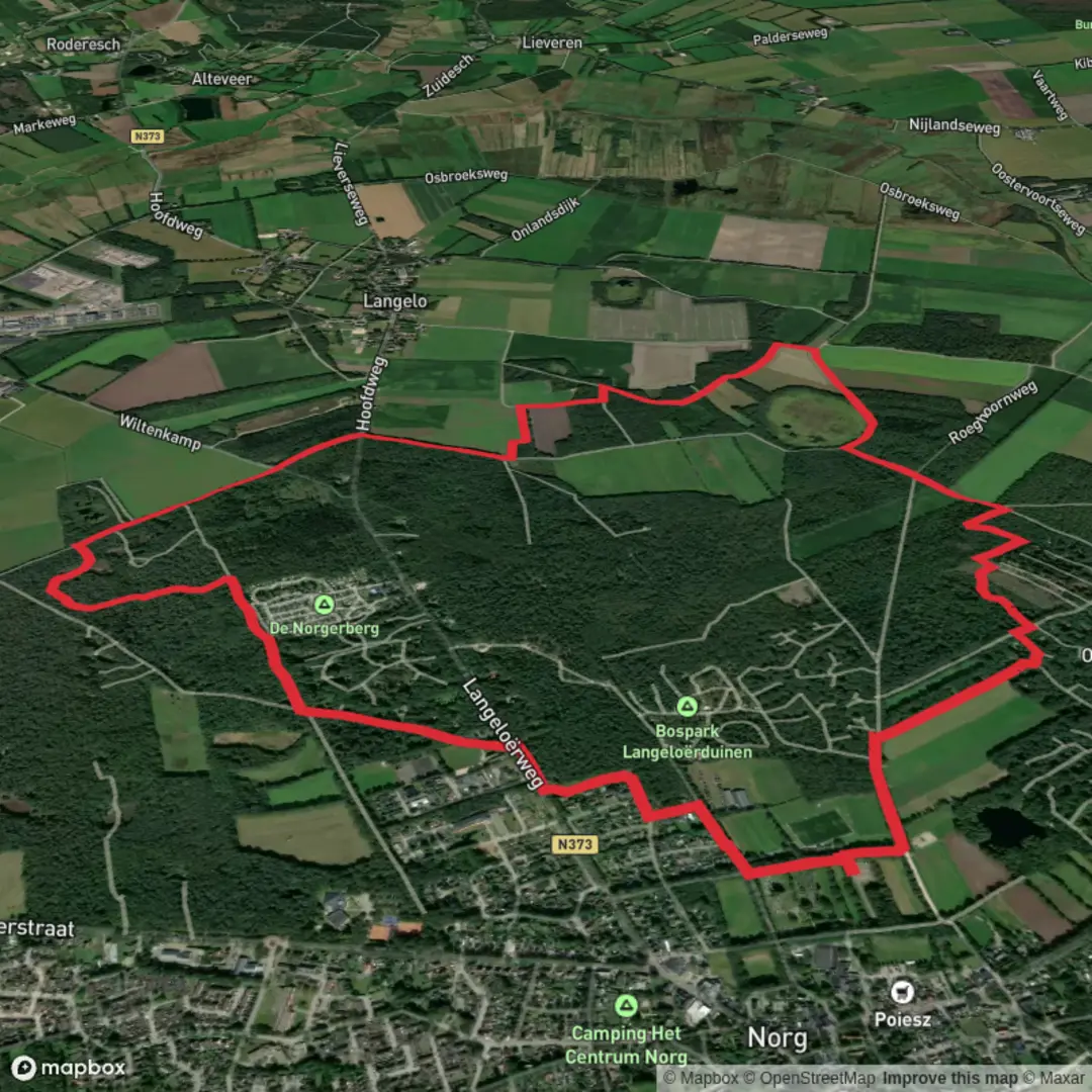 An image depicting the trail Langeloer, Achter Het Hout and Schillen Veen Loop and its surrounding area.
