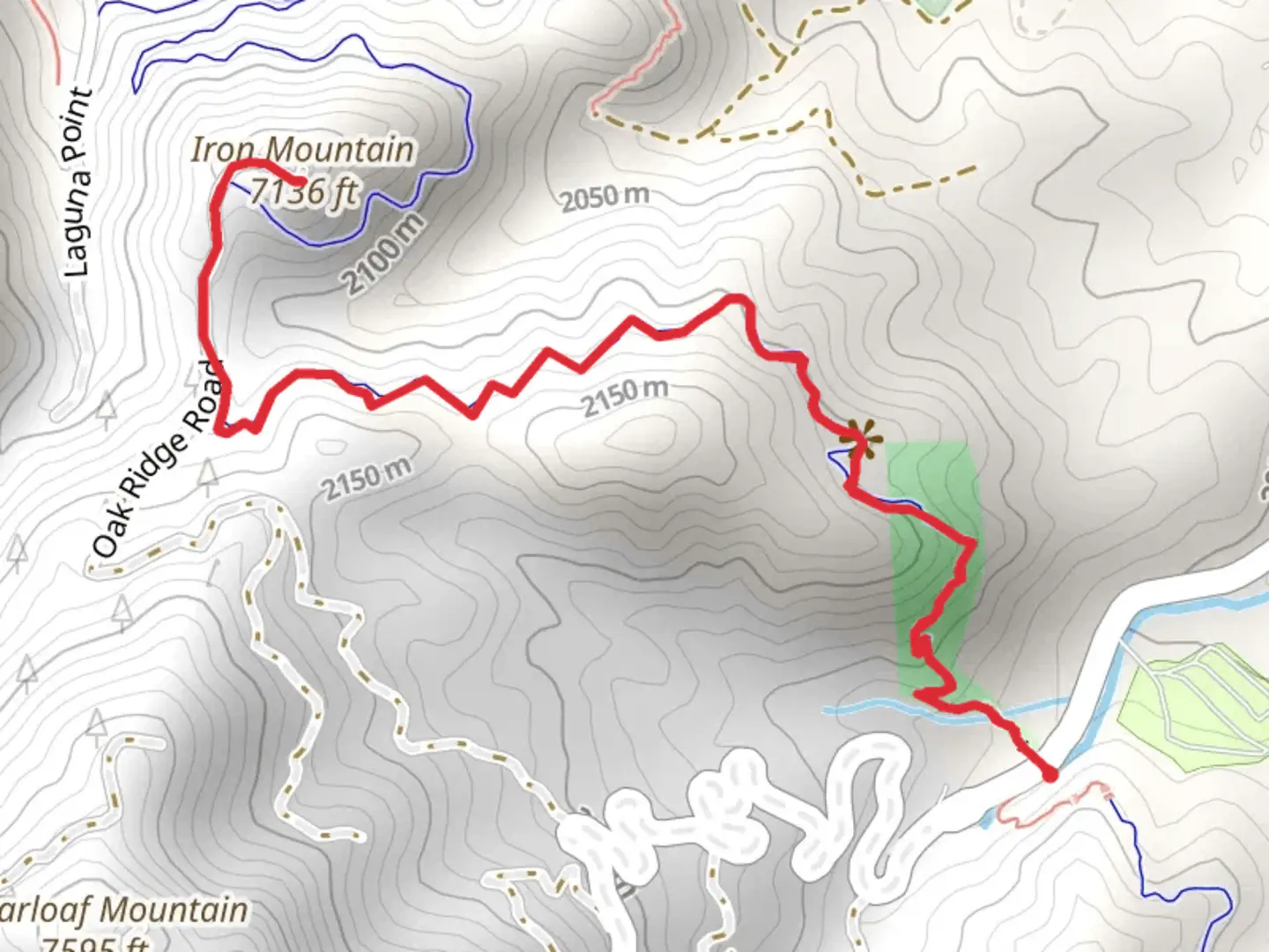 An image depicting the trail Iron Mountain via Intemann Trail and Oak Ridge and its surrounding area.