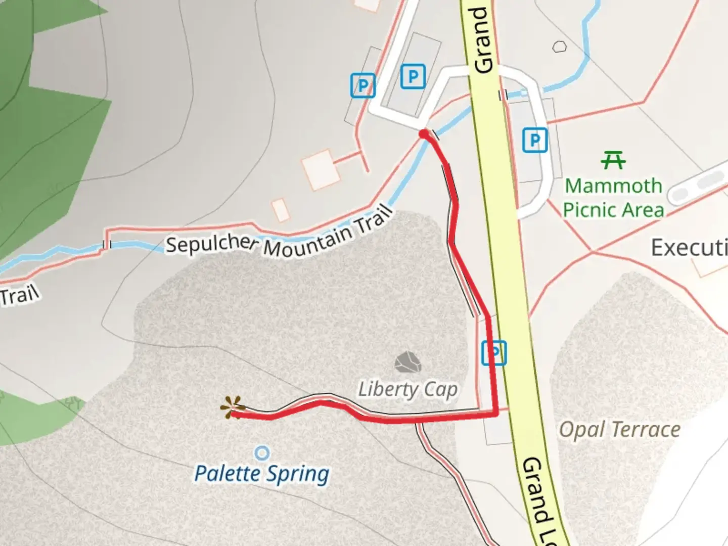 An image depicting the trail Mammoth Terraces and its surrounding area.