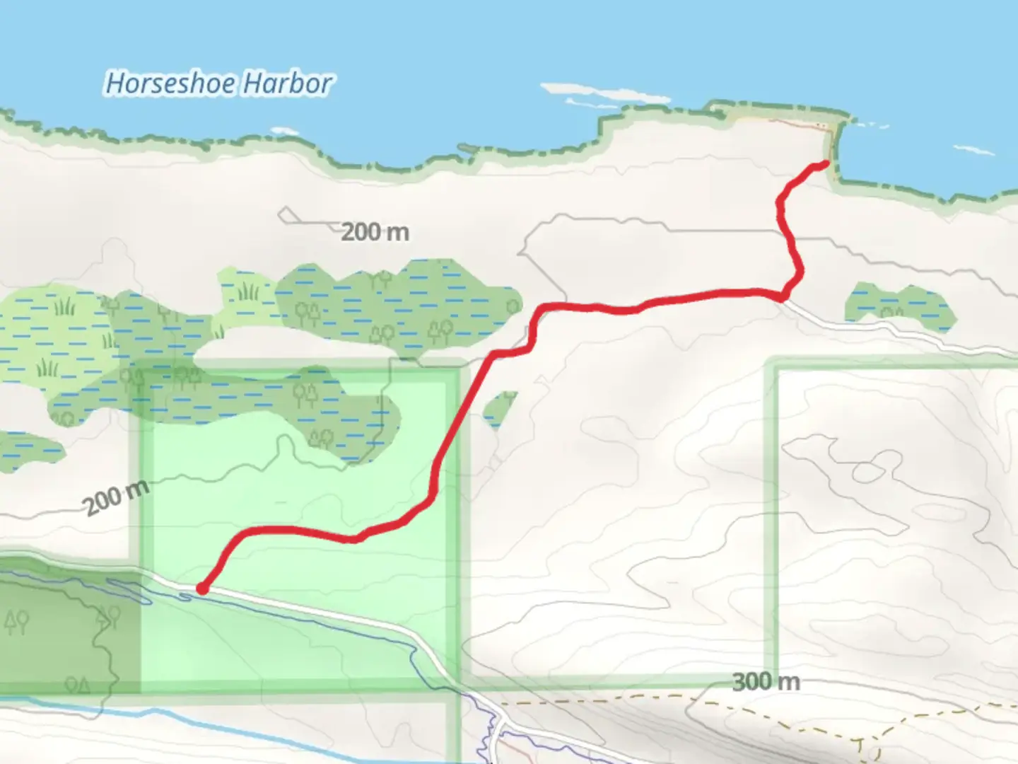 An image depicting the trail Horseshoe Harbor Trail and its surrounding area.