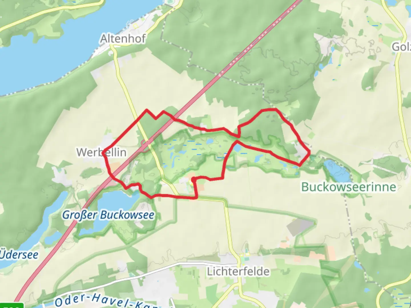 An image depicting the trail Grosser Buckowsee via Rundweg Buckowseerinne and its surrounding area.