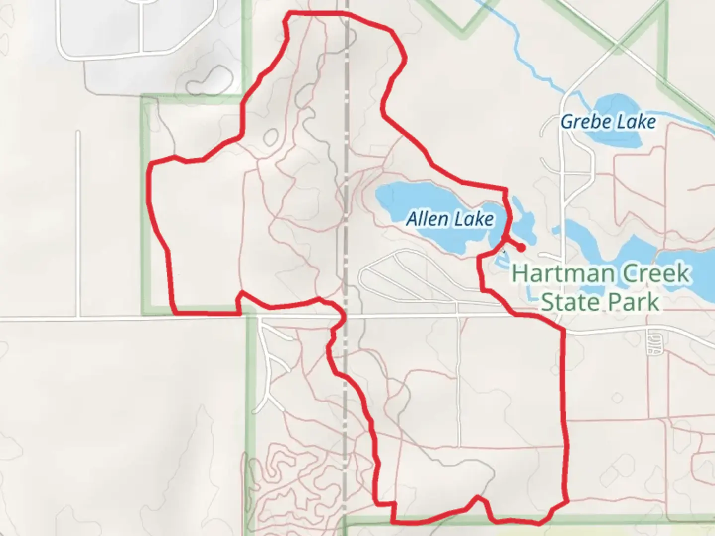 An image depicting the trail Allen Lake and Hartman Creek State Park Campground Loop and its surrounding area.