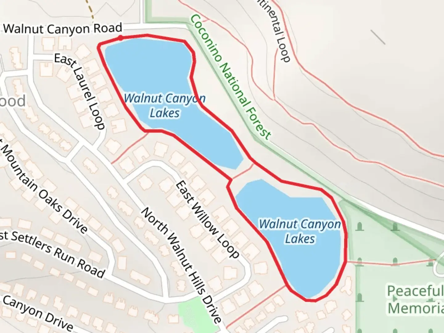 An image depicting the trail Walnut Canyon Lakes Loop and its surrounding area.