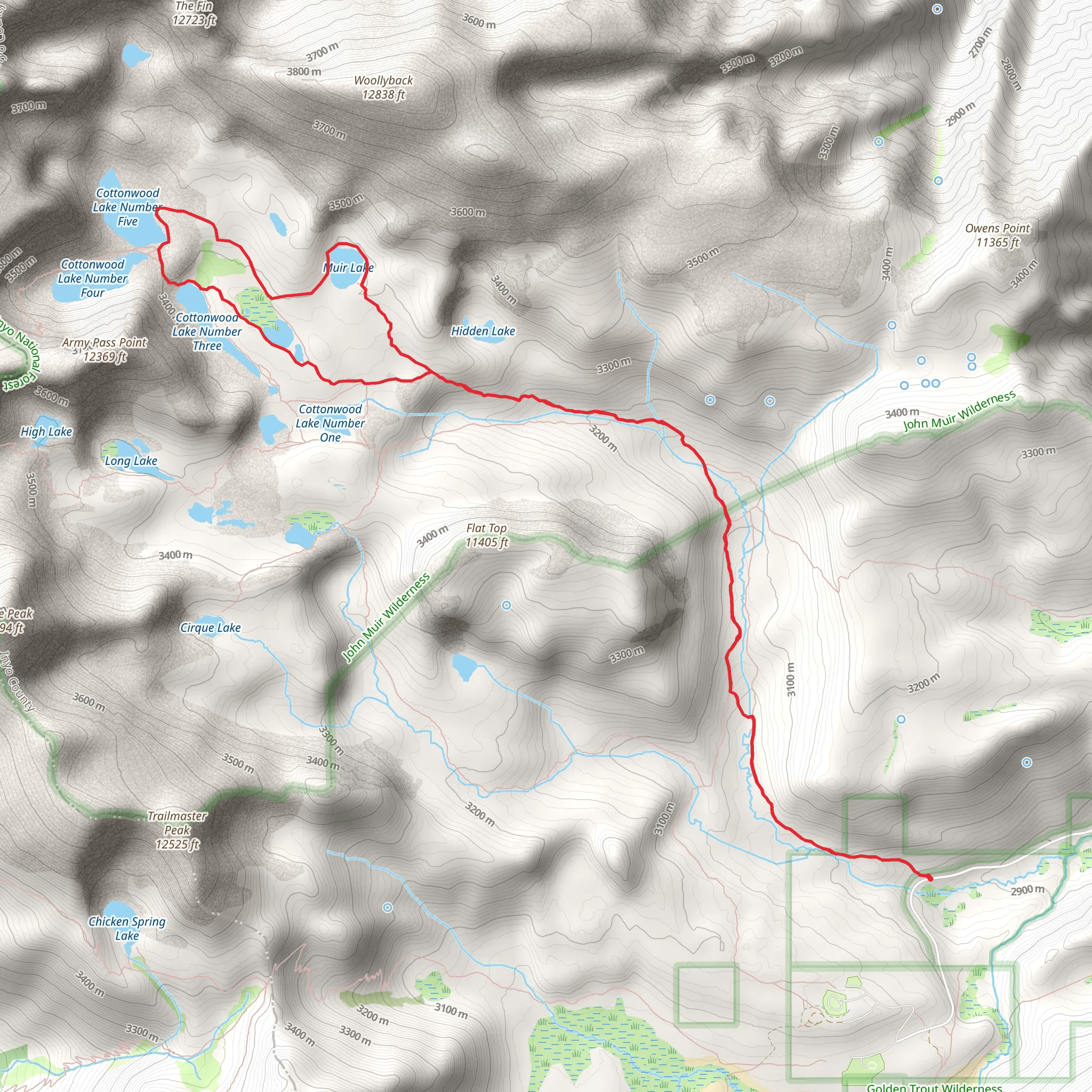 Golden Trout Camp, Muir Lake and Cottonwood Lakes 5 and 3 Loop Trail mobile static map