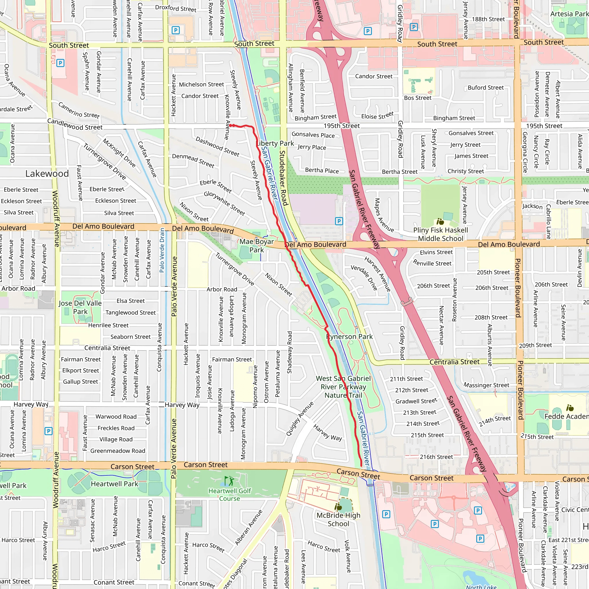 West San Gabriel River Parkway Nature Trail from Candlewood Street mobile static map