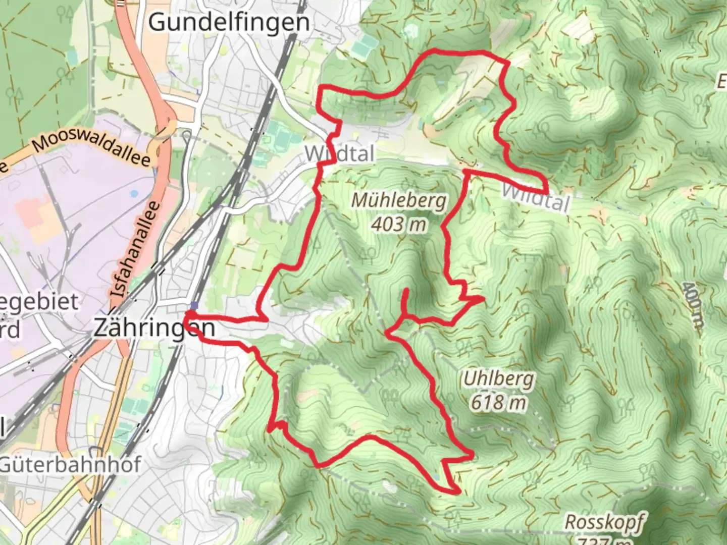 An image depicting the trail Zähringer Burg via Breisgauer Weinweg and Zaehringer Wanderweg and its surrounding area.