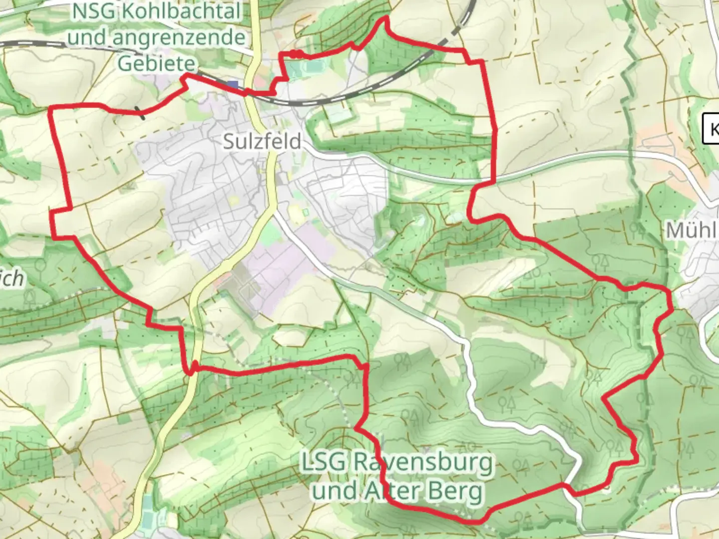 An image depicting the trail Sulzfeld Loop and its surrounding area.