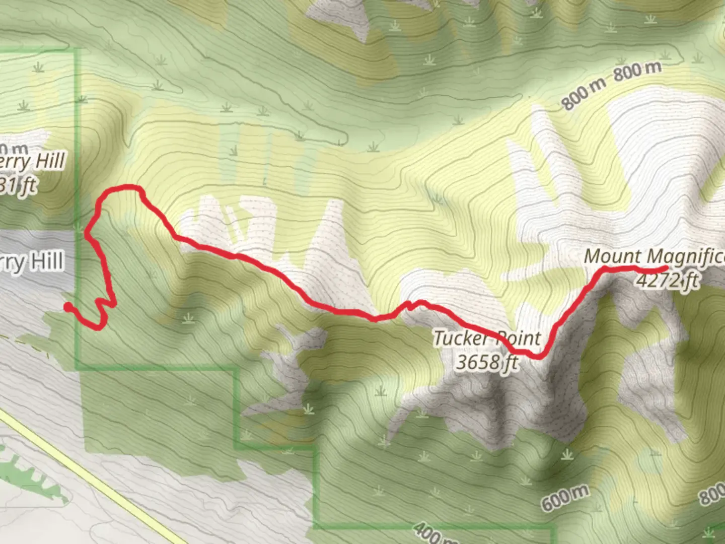 An image depicting the trail Mount Magnificent via Mile-High Saddle Trail and its surrounding area.