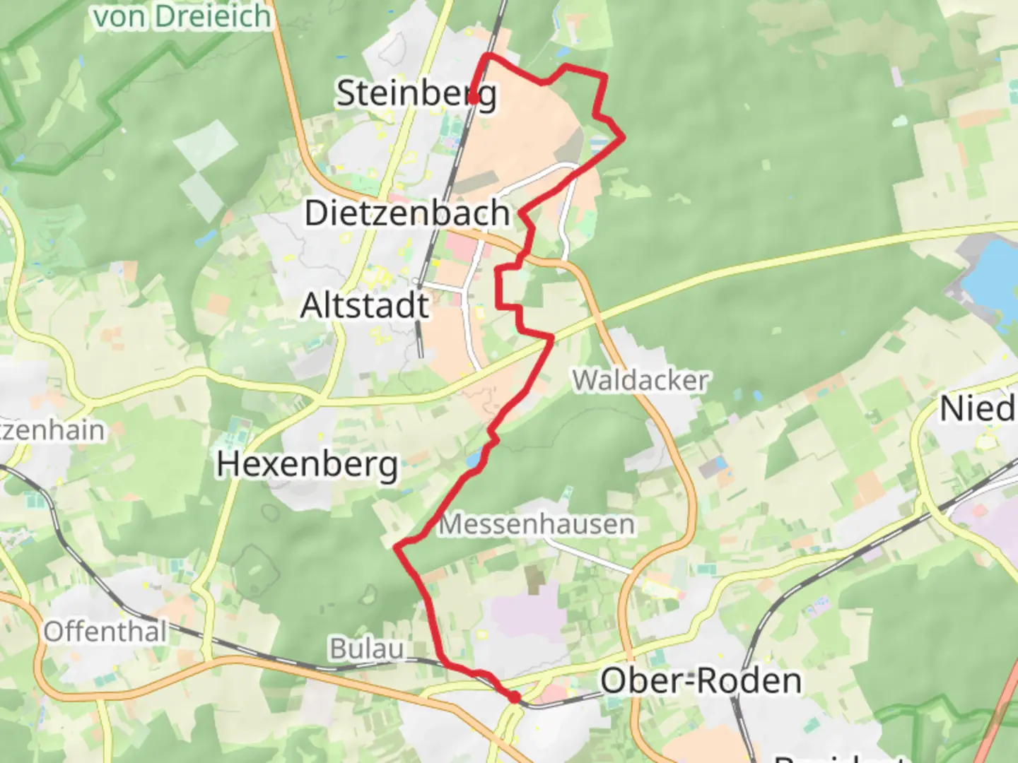 An image depicting the trail Urberach to Dietzenbach Steinberg Walk and its surrounding area.