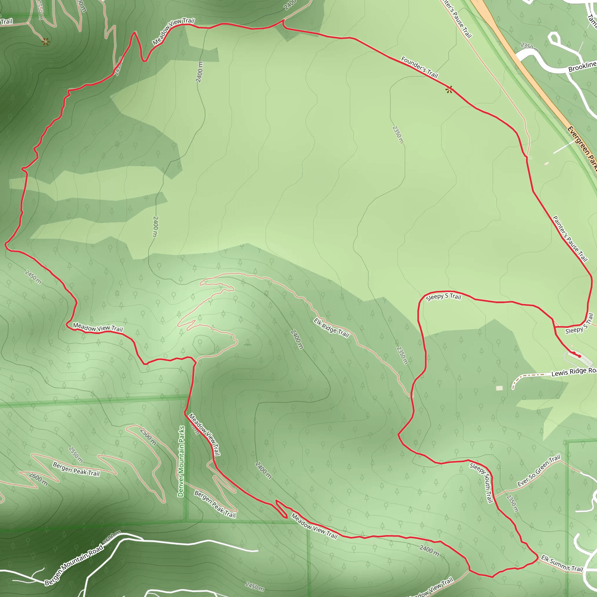 Sleepy S - Meadow View - Founder's - Painter's Pause Loop Trail mobile static map